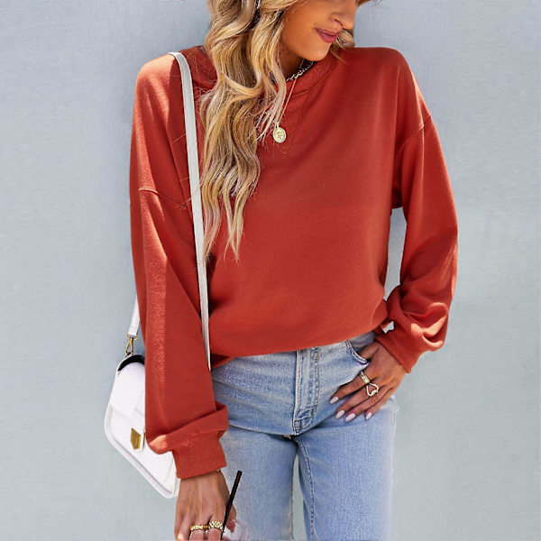 Dame Topp Drop Shoulder Langermet Høy Stretch Crewneck Pullover Skjorte for Høst Vinter