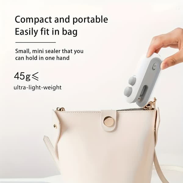 USB Oppladbar Matposeforsegler, Bærbar, Magnetisk Base, Halvautomatisk, Chips/Snacks/Kaffe hvid