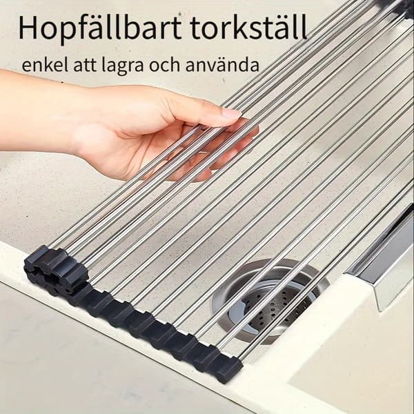 Sammenrullet opvaskestativ i rustfrit stål, over vasken, transportabelt og rustfrit language Svart-