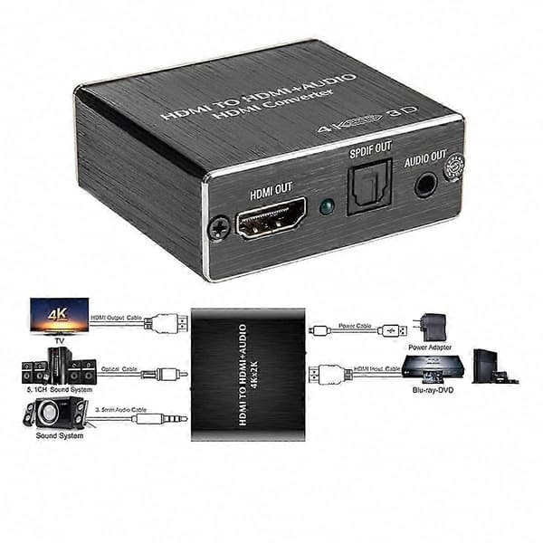 HDMI til Optisk Lydkonverter, SPDIF Stereo Extractor til Digital Lyd, 4K-kompatibel, til TV, PC, PS5, Blu-ray-afspiller, med USB-strømkabel