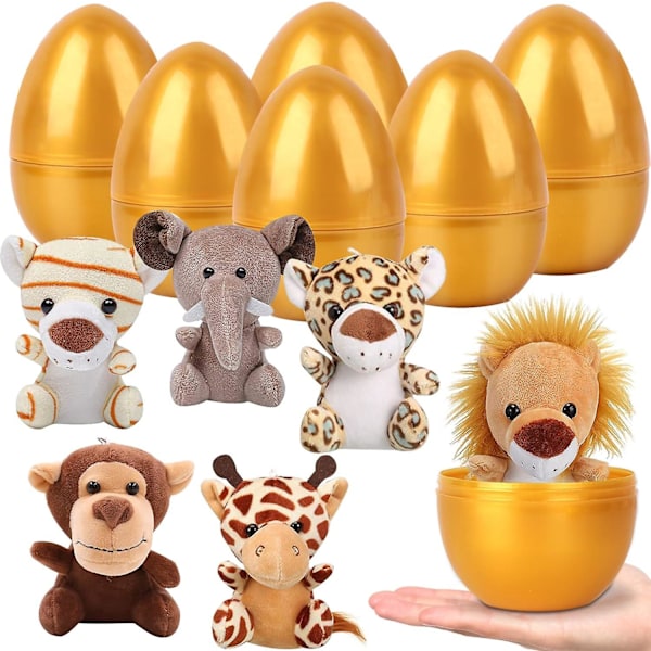 Gold Plated Easter Eggs, 6 Pcs Cute Animal Plush Toys Pre-Filled Gold Plastic Easter Eggs Surprise Gift for Easter Basket Filler Party Favors Egg Hunt