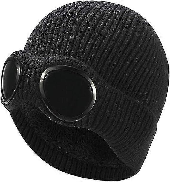Stickad mössa, Unisex Goggle Mössa Stickad Vinter Tjock Mössa, Svart