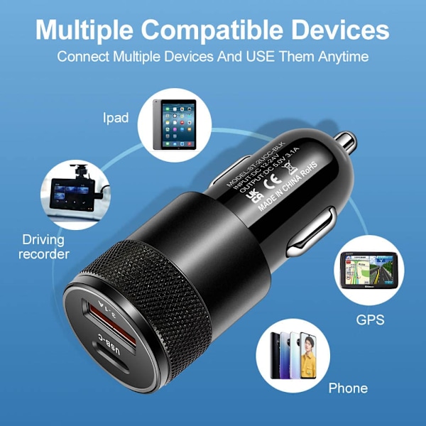 Hurtig 66V Bil USB Type C Oplader til Iphone, Samsung, Huawei, iPad, Tablet og Mere (HY)