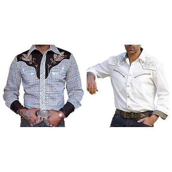 Miesten paita Vintage Western Cowboy -kuvioinen yksirivinen Slim Fit pitkähihainen alaslaskettava kaulus napit LGL sininen blue L