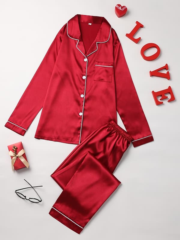 Solid pyjamassett, langermet med knapper, nattøy og loungewear for kvinner language R\u00f6d