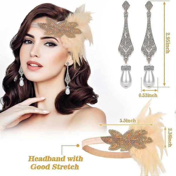 Flapper Tilbehør, 1920'er Gatsby Tilbehør til Kvinder Inkluderer Flapper Pandebånd Halskæde Handsker Sort Beige