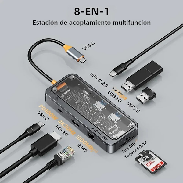 5/6/7/8/11 i 1 USB C-hubb med 4K HDMI-adapter och SD/TF-kortläsare RJ45 PD Snabbladdning för MacBook Laptop Data 8 IN 1 pro