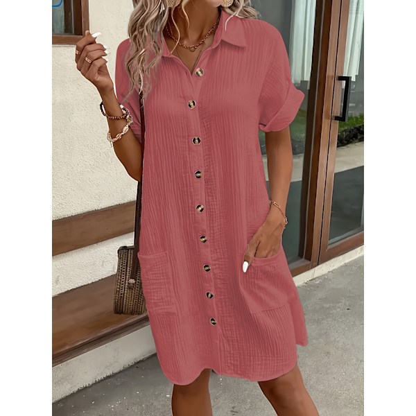 Casual skjortekjole til kvinder med knapper, korte ærmer, ensfarvet, revers, knælang, vintage stil, minimalistisk kjole | Blank tekstur The color of rouge M