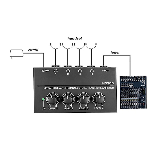 HA400 Stereo Ljudmixer Hörlursförstärkare 4 Kanaler RCA Ingångar Separata Volymkontroller med Strömadapter US/EU US