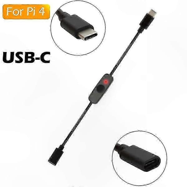 USB C strömbrytare med LED-indikator hane till hona förlängningskabel för Raspberry Pi 4 Model B 2-pack Black