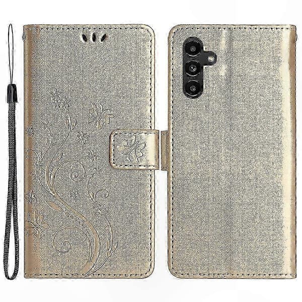 Sommerfugledesign Læder Telefoncover med Standpung til Galaxy A55 5G Gold