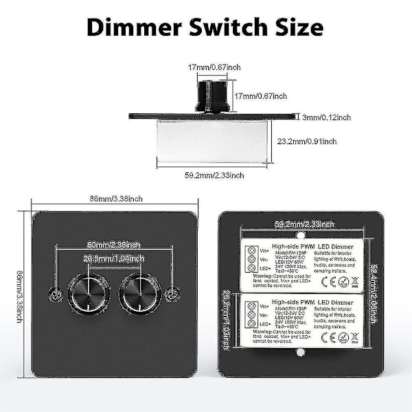 DC 12V-24V LED Dimmerbryter 2-veis 120W Veggmontert Trykk På/Av Rotasjonskontroll Dimmer