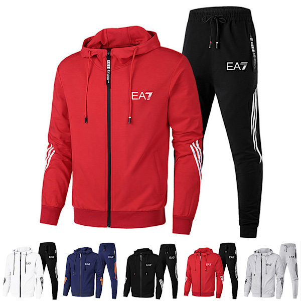 Herre Sports Hættetrøje Træningssæt Langærmet Fuld Lynlås Hættetrøje Sweatshirt Jakke + Joggingbukser Træningsbukser Outfit Med Lommer Sort Black XL