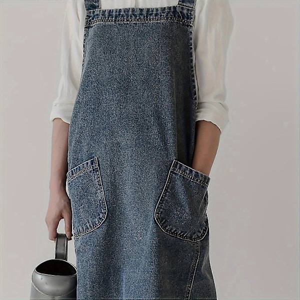 1 stk. japansk koreansk stil ren bomuld kanvas denim forklæde, vaskbar køkkenforklæde, arbejdstøj, køkkenforklæde med forlommer, køkkenartikler Deep Blue