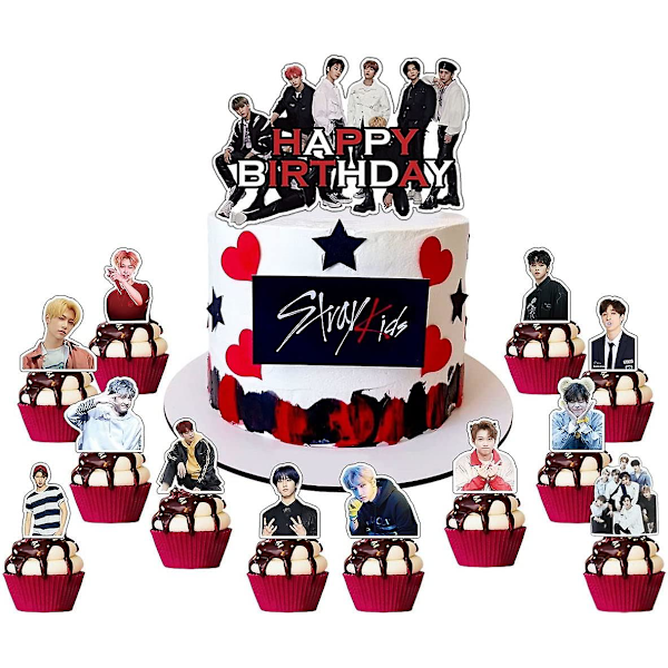 Heytea Stray-kids festutstyr, Stray-kids festdekorasjoner inkluderer Gratulerer med dagen-bannere, kakedekorasjoner, cupcake-dekorasjoner, ballonger (YJD)