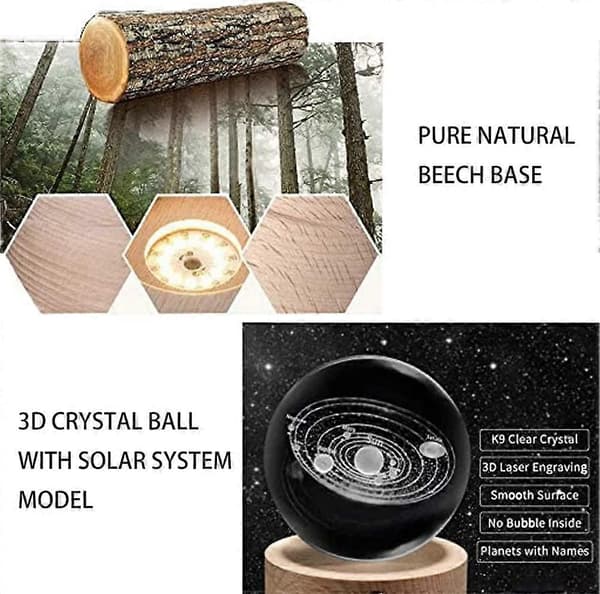 3D Utskåret Solsystem Planeter Krystallkule Borddekorasjon Håndverk med Trebase, 3D Krystall LED Nattlys A A 8cm ball 7cm base