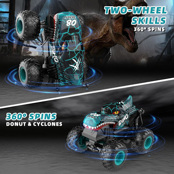 Monster Truck Leker, 2.4GHz RC Monster Trucks for Gutter, 1:20 Dinosaur RC Biler med Lys og Musikk, Fjernstyrt Stuntbil, 360° Spinn, for Barn Blue