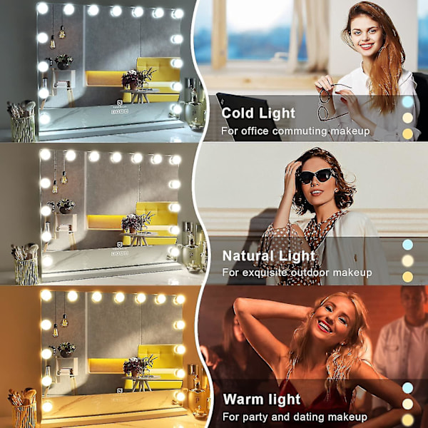 Bebetter Hollywood Spejl med USB Makeup Lys, 10 Lys, 3 Lystilstande, Bord- eller Vægmonteret, Kun Belysning