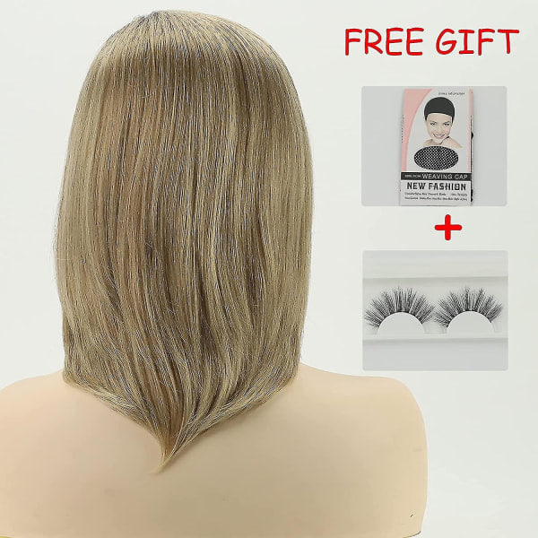 Ombre blond bob parykk for hvite kvinner, medium blondt rett hår, mørk rot parykk, syntetiske dameparykker