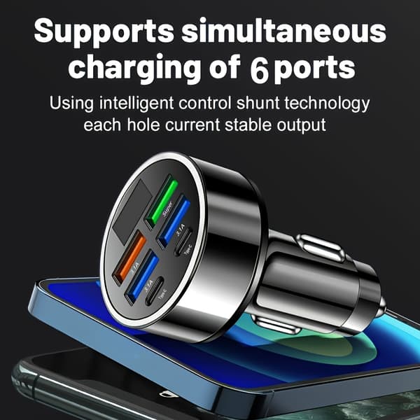 6-i-1 Billader, Hurtiglading USB-C, Dobbel PD+QC3.0, 4 porter, Display, Matt, Aluminiumslegering/ABS Black