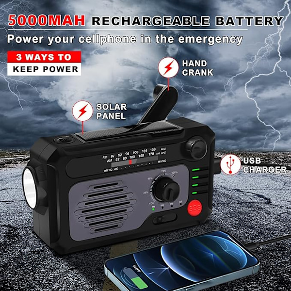 Solcellsdriven Nödradio med Handvev – AM/FM/BT Portabel Radio med 5000mAh Powerbank, SOS-Alarm & Ficklampa för Inom- och Utomhusbruk