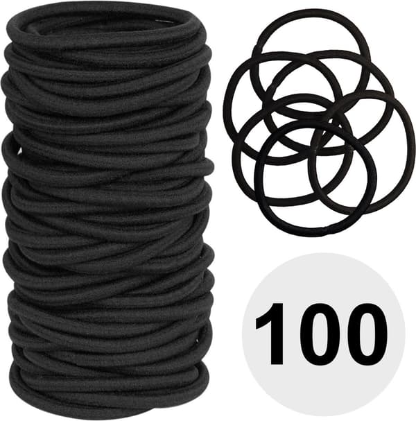 Hårelastikker - Sorte elastikker - Pakke med 100 (4 mm) - Stærke elastikker - Til hestehaler - Velegnet til tykt og krøllet hår - Kvinder og mænd - Sort