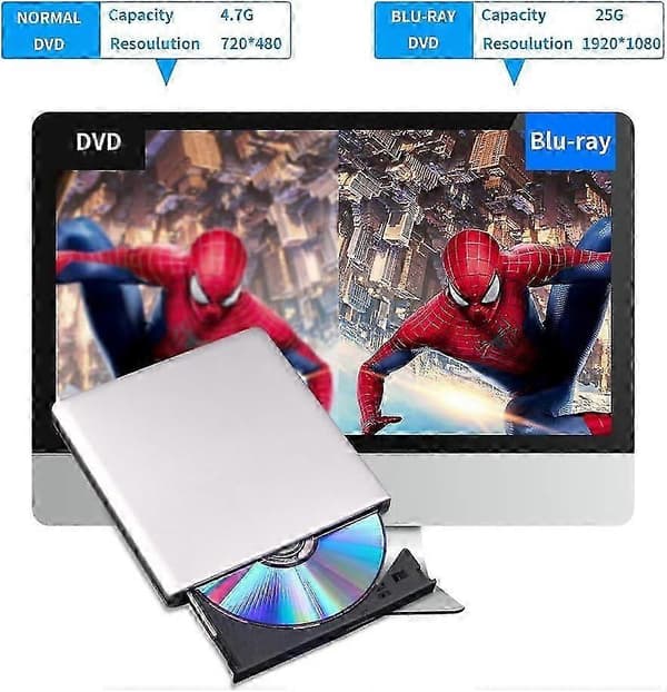 Ekstern Blu-ray DVD-drev 3D, USB 2.0 Blu-Ray CD DVD-læser Slim Optisk Tabares Blu-ray-drev til MacBook OS Windows