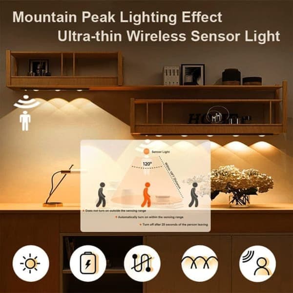 LED-skabsbelysning-Trådløs-Bevægelsessensor-Magnetisk-Genopladelig-3-Lystilstande-Dæmpbar-2-pak