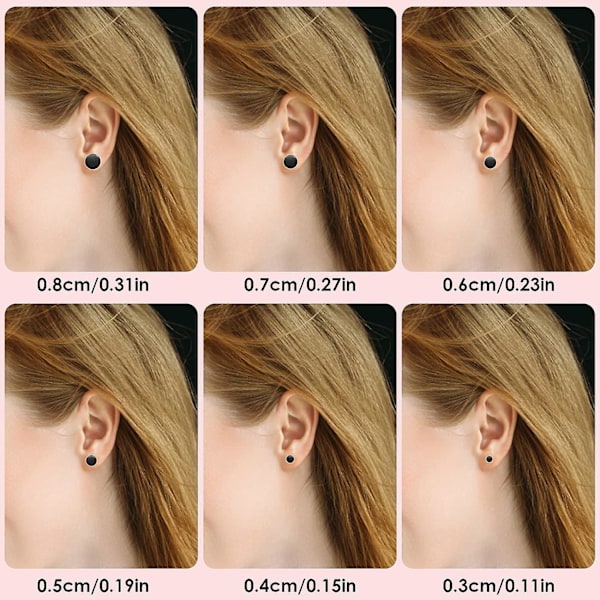 6 Par Svarta Örhängen i Rostfritt Stål, Unisex, Runda Platta Stiftörhängen för Män och Kvinnor (3mm - 8mm), Rostfritt Stål