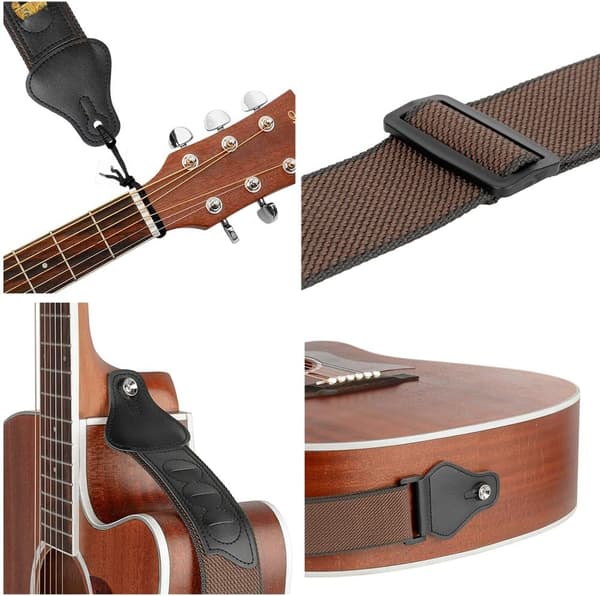 Gitarrband, 100% mjukt bomullsband med 3 plektrumklämmor, kompatibelt med bas, elgitarr och akustisk gitarr (brun) Brown