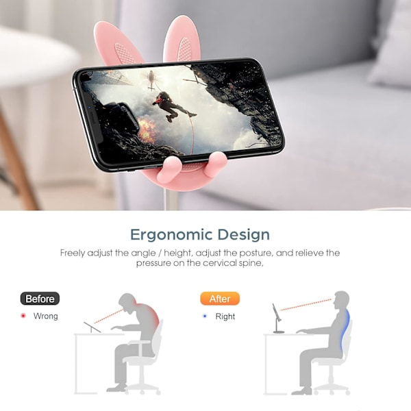 Mobiltelefonhållare, Justerbar Vinkel och Höjd, Söt Kanin, Kompatibel med Alla Mobiltelefoner och Surfplattor (4-10 Tum) Black