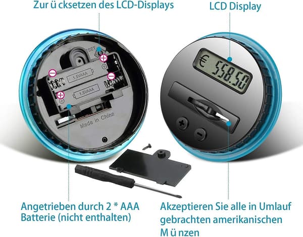 Spargris med LCD-skjerm, automatisk mynttelling, stor kapasitet