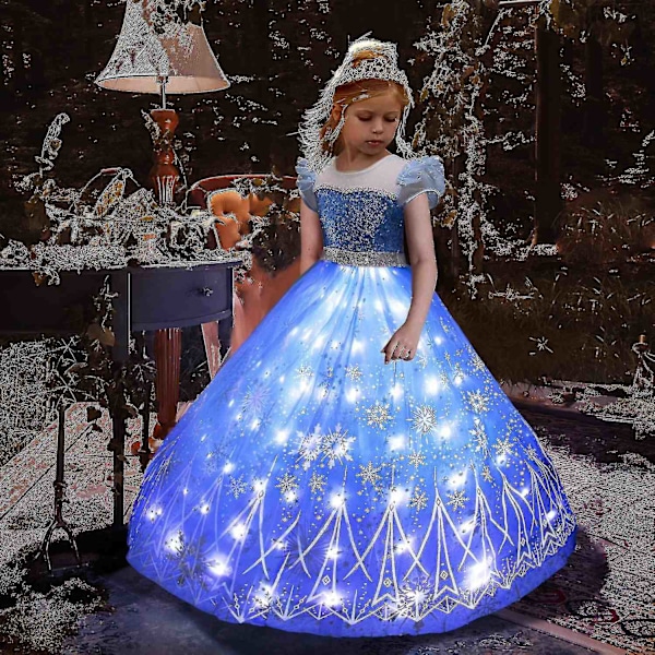 Anna Elsa LED Lysende Kjole Piger Julekostume Festkjole Snedronningen Karneval Ballkjole - WELLNGS LED Lysende Kjole LED Light Up Dress 3T (110)