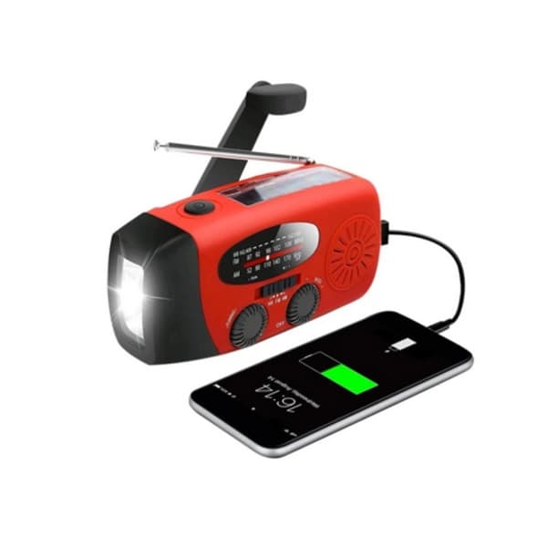 Dynamoradio med solceller / Lommelykt - 2000mAh Powerbank - Rød