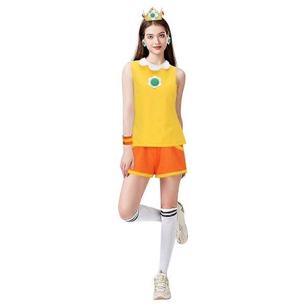 Prinsessa Daisy -peli asu keltainen tennisasu toppi shortsit korvaklipsit ranneke pelle Halloween cosplay -asu SIZE CHART S