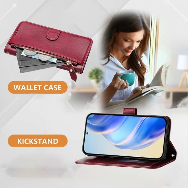 Compatible with Honor Magic7 Pro 5G Case Zipper Pocket Multiple Card Slots Leather Phone CaseCJY Red