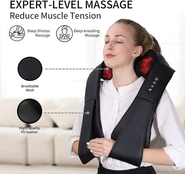 Neck Massager, Deep Tissue Massage 3D Kneading, Portable, with Heat Function, Shiatsu Massage, for Neck, Back, Shoulders, etc. (Black)
