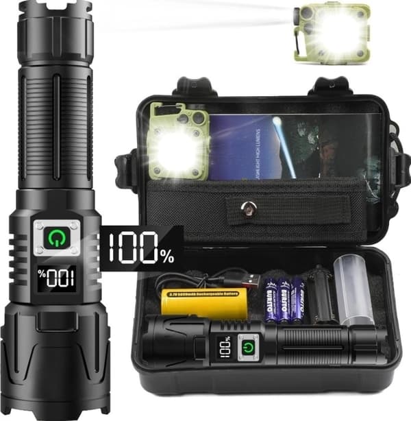 LED Flashlight A09 set - 6000 Lumen, 50W, Rechargeable & Tactical & COB survival Svart black