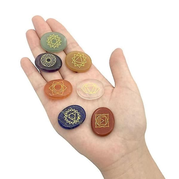 7 stk. Chakra Sten Reiki Helende Kvarts Indgraverede Chakra Symboler