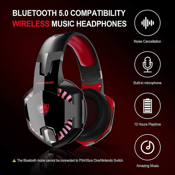 Bluetooth Trådlösa Hörlurar med Mikrofon, PS4 Gaming Headset för PC, Xbox One, PS5