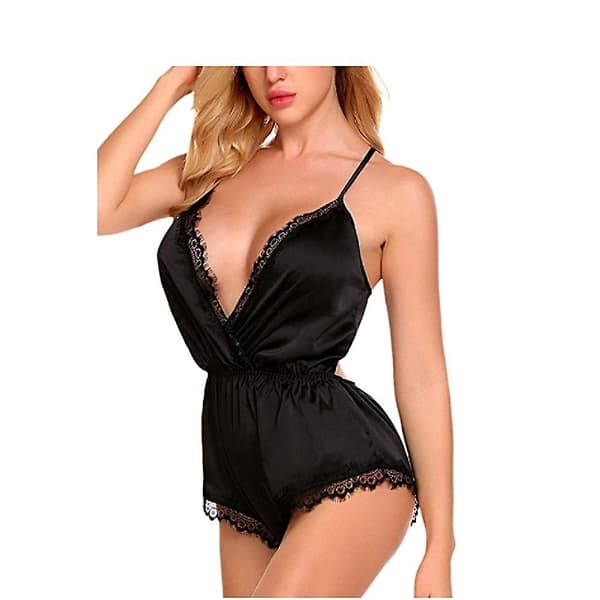 Dame Lingeri Bodysuit V-hals Teddy Blonde Babydoll Satin Pyjamas Natkjole (Sort, S)