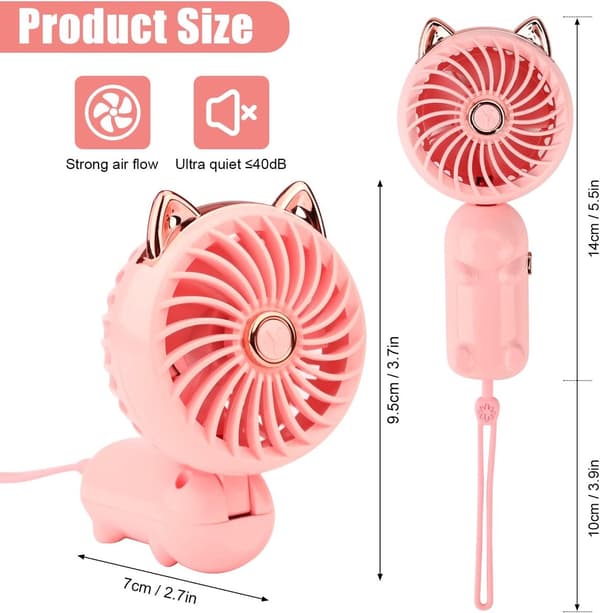 Mini Sammenklappelig Håndholdt Ventilator - 3 Hastigheder USB Genopladelig Ventilator - Til Kontor, Rejser og Makeup - Pink