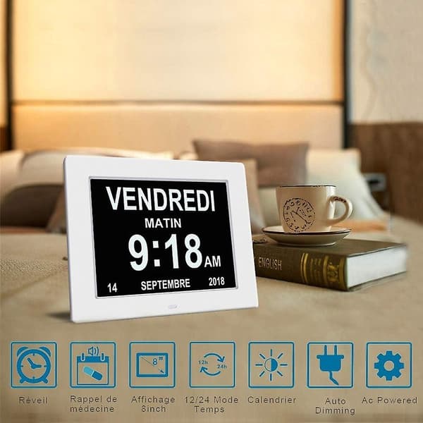 8 tums LCD digital kalenderklocka, kalenderklocka med datum, veckodag och tid (vit)