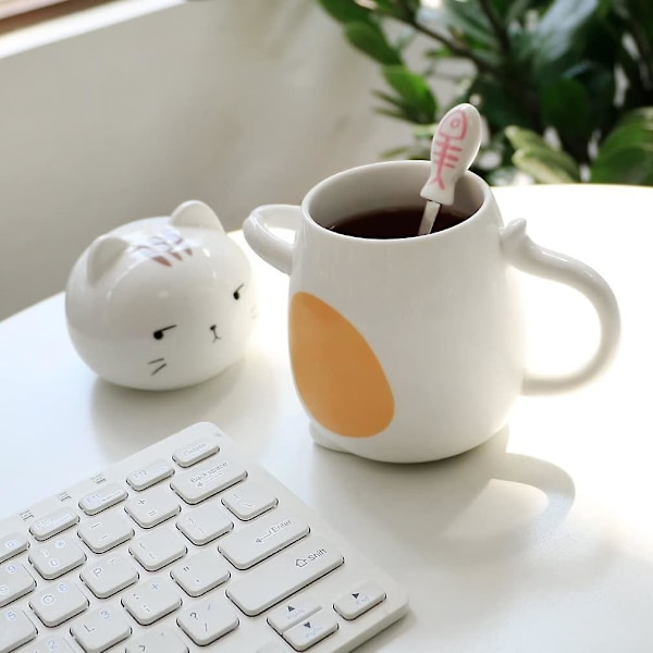 Sød 3D Kat Krus Sjov Keramisk Kaffe- og Tekop med Rørepind og Låg, Nyhed Fødselsdag Jul Thanksgiving Gave til Katteelskere, Hvid 414 ml