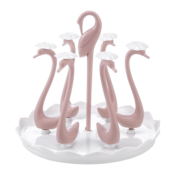 JL Swan Shaped Cup Holder with Rotating Plastic Drip Tray, Rotatable Drinking Cup Drain Rack for Home Kitchen Pink 6 Heads