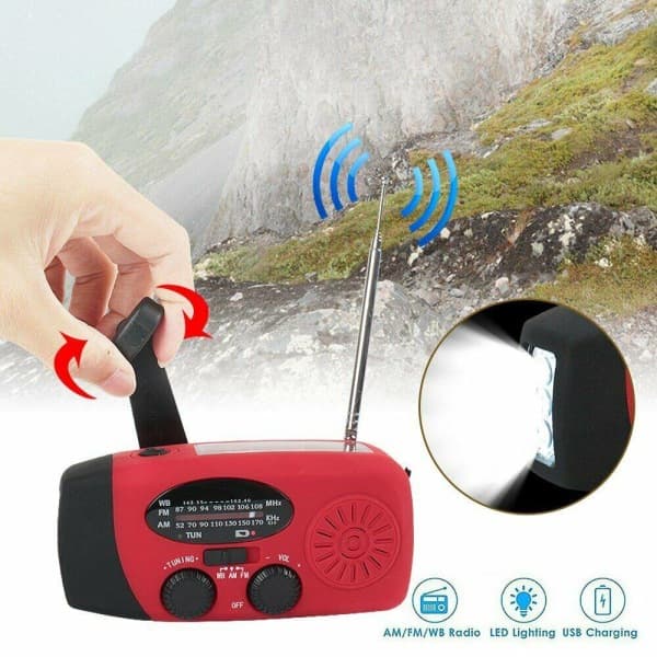 Dynamoradio med solceller / Lommelykt - 2000mAh Powerbank - Rød