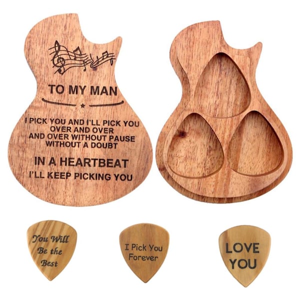 5-pack gitarrplocklåda i trä med graverade bokstäver, plektrumhållare med 3 plektrum, mors dag, fars dag, alla hjärtans dag, födelsedagspresent