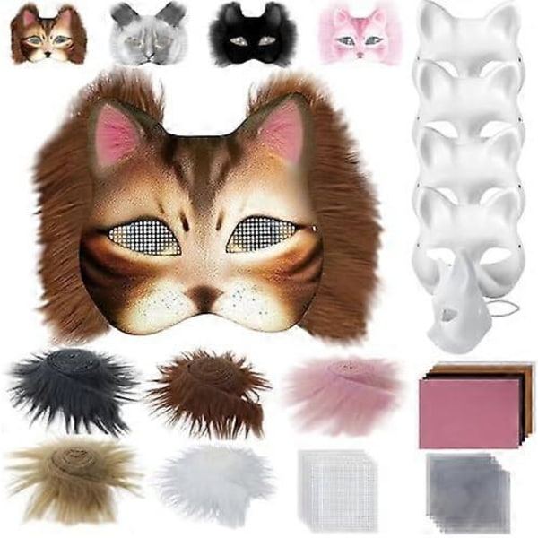 Kattemaske med pels og nettingøye, blanke papirmasker for DIY, hvite malepapirmasker, kattemaske for DIY Halloween Mardi Gras-fest Maroon-29pcs