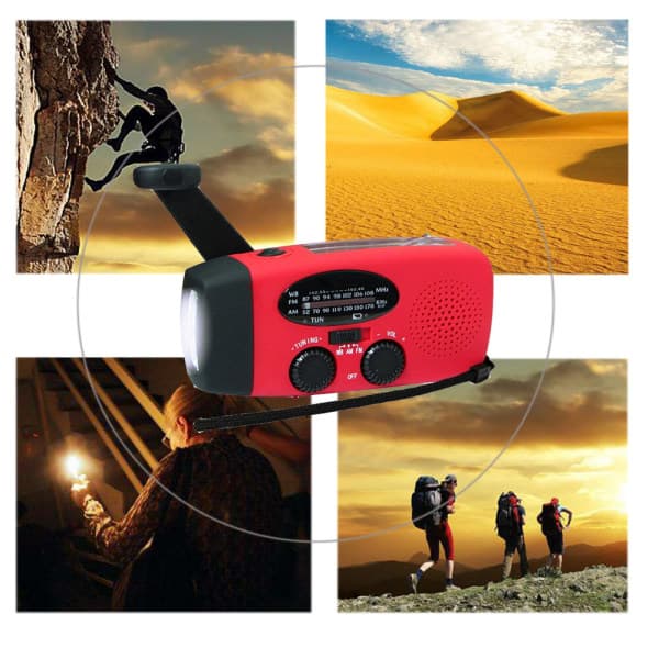 Dynamoradio med solceller / Lommelykt - 2000mAh Powerbank - Rød