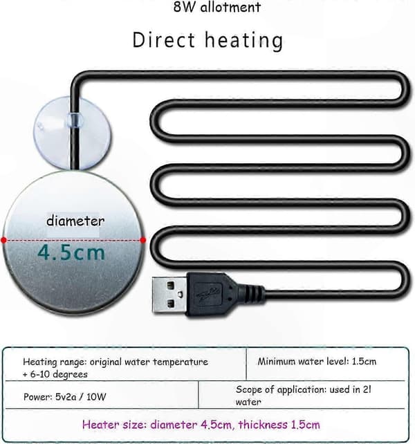 Kompakt USB Akvarievarmer med Termostat - 5V 10W Nedsænkningsvarme til Små Akvarier